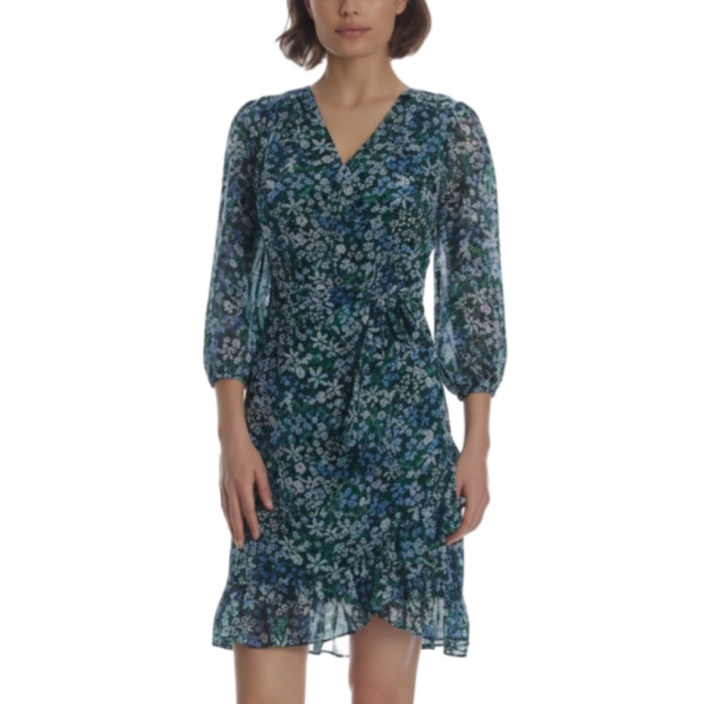 Karl Lagerfeld Paris Floral Blue Ruffle Dress Size 4 Flowy Romantic Cottagecore